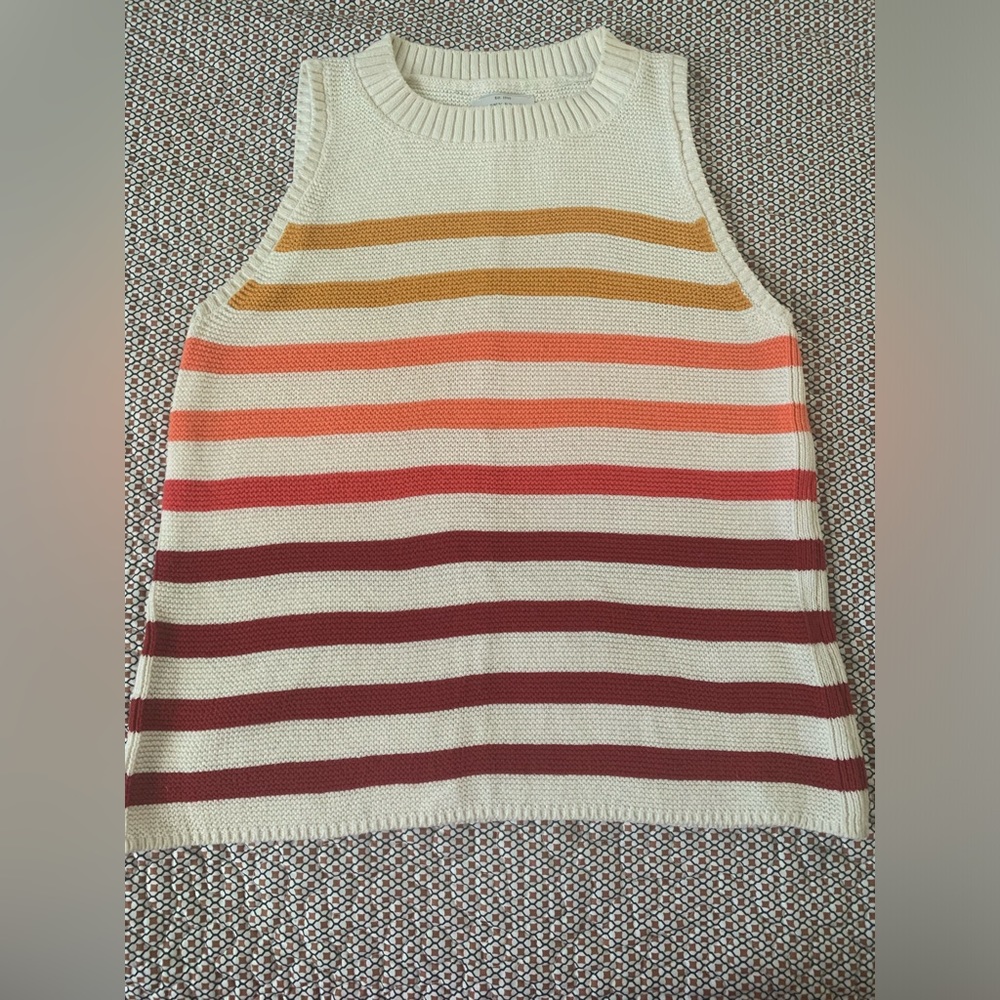Gently used LUCKY BRAND sleeveless sweater vest, creme with colorful stripes